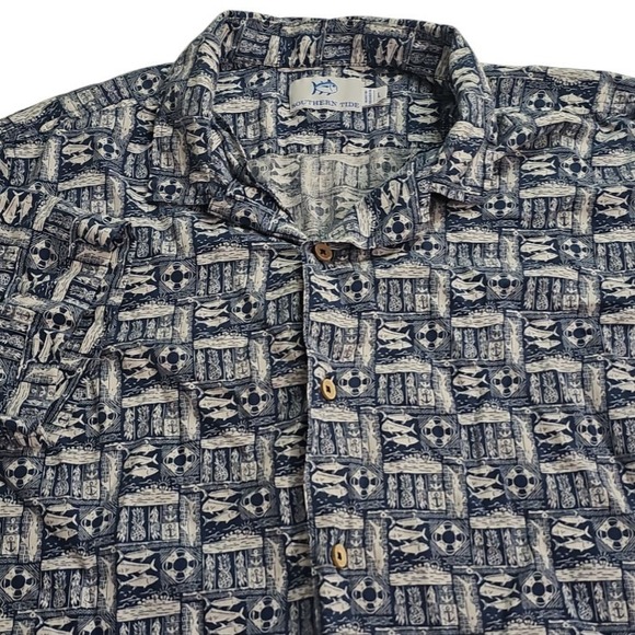 Southern Tide Blue Fish Geometric Tribal‎ Print Linen Blend Camp Shirt Large - Picture 1 of 6